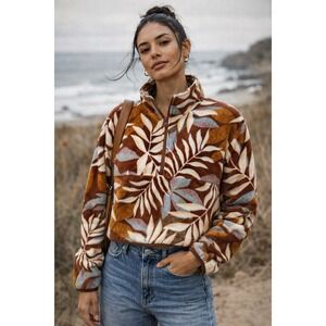 Billabong Casual Fling Half Zip Fleece Jacket XS Brown Leaf Print Cropped NWOT